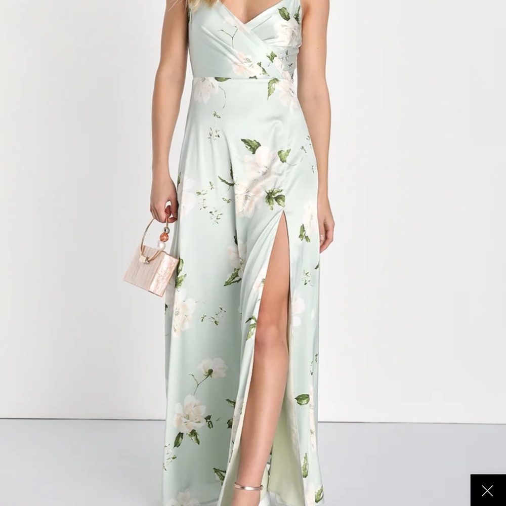 Lulus Radiant occasion light green floral satin a-line maxi dress